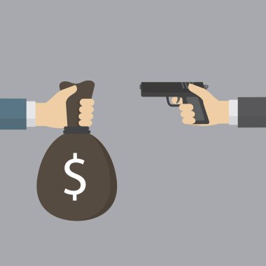 Hırsızlık ve para çantası sunan başka bir el için bir tabanca tutan el. soygun kavramı