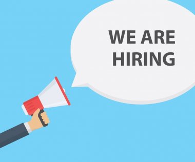 Megafon ile iş vacancy promosyon tutan el. Konuşma balonu işe vardır