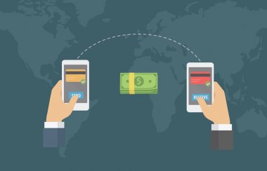 Etrafında dünya illüstrasyon online para transferi. İnsanlar smartphone ile başka bir online para göndermek