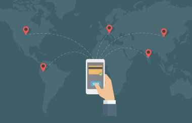 Dünyanın her yerinden online para transferi. İnsanlar dünya üzerinde diğer konumda smartphone ile online para göndermek