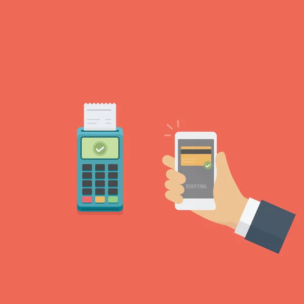 Мобильная оплата со смартфоном и автоматом pos, технология связи ближнего поля, иллюстрация безналичных платежей — стоковый вектор