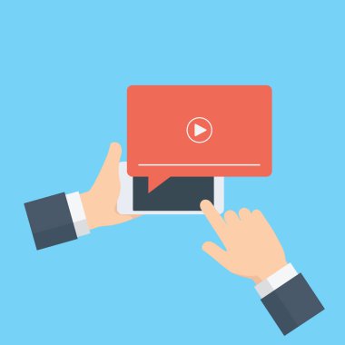 Streaming online, canlı akış illüstrasyon. Akarsu kitle iletişim araçları üstünde perde ile cep telefonu tutan el