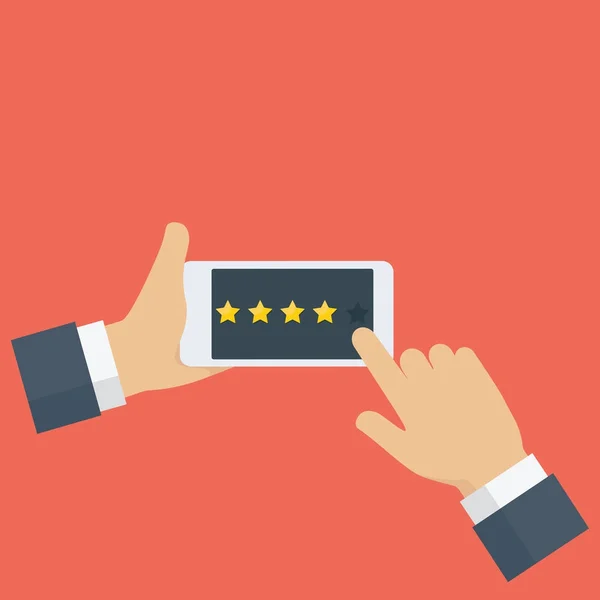 Mensen hand geven rating sterren op mobiele telefoon. Rating en klant bekijken feedback concept — Stockvector