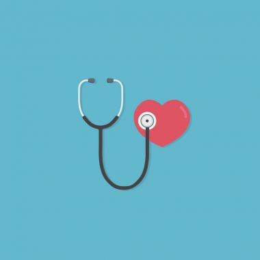 Sağlık ve tıp kavramı. Kırmızı kalp ve stetoskop düz tasarımı. akciğerler ve kalp hastalıkları teşhis için tıbbi alet
