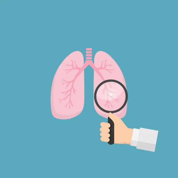 Pulmones humanos con lupa en la mano. La herramienta médica para el diagnóstico de las enfermedades de los pulmones. Concepto de salud y medicina — Archivo Imágenes Vectoriales