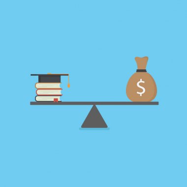 Eğitim illüstrasyon mal. Kitap yığını kolej ve ölçekler üzerinde para ile