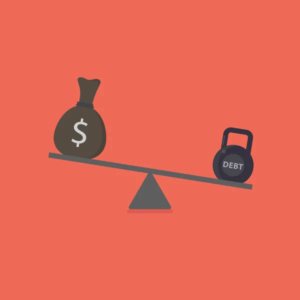 Illustrazione del reddito e del debito. Contanti di denaro e kettlebell con parola di debito su scale — Vettoriale Stock