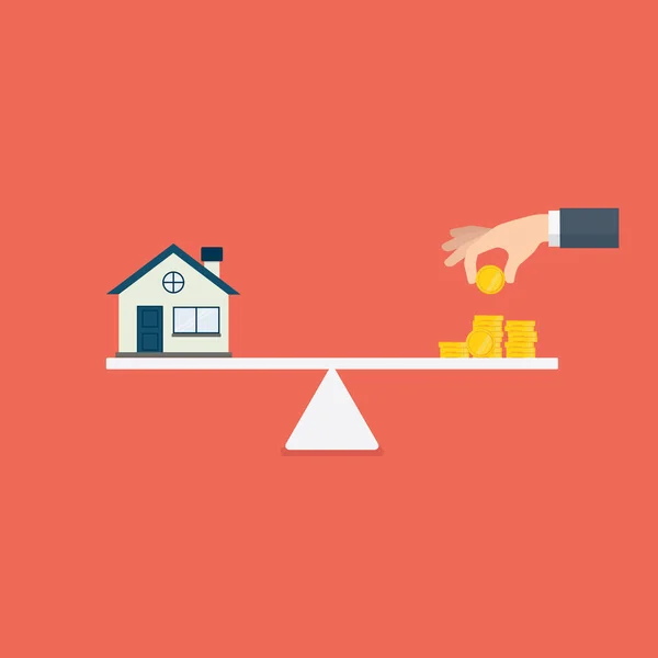 Boendet investeringar illustration. Hem och bunt med pengar på skalan. Att köpa ett hem. Fastigheter — Stock vektor