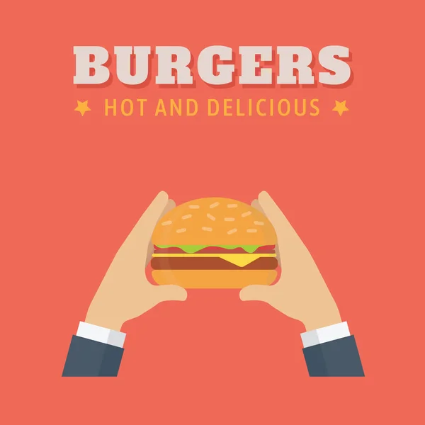 Orang tangan memegang hamburger, makan makanan cepat saji Stok Ilustrasi Bebas Royalti