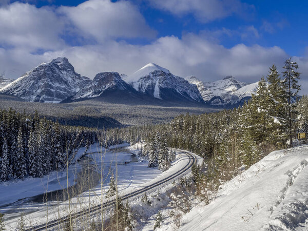 Scenic Morant's Curve in winter Banff