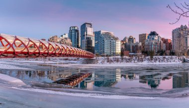 Calgary 'nin şehir merkezindeki Bow River ufuk çizgisine bakın. Barış köprüsü görüntüde görünüyor.. 