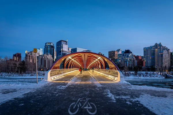 View Calgary Downtown Skyline Bow River Peace Bridge Visible Image — стоковое фото