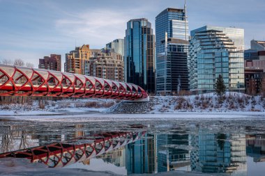 Calgary 'nin şehir merkezindeki Bow River ufuk çizgisine bakın. Barış köprüsü görüntüde görünüyor.. 