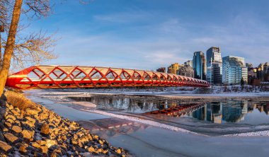 Calgary 'nin şehir merkezindeki Bow River ufuk çizgisine bakın. Barış köprüsü görüntüde görünüyor.. 