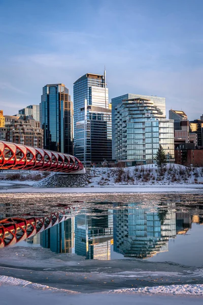 View Calgary Downtown Skyline Bow River Peace Bridge Visible Image — стоковое фото