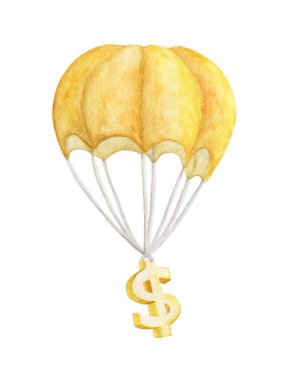 Altın Dolar paraşütle uçuyor. suluboya resimleme