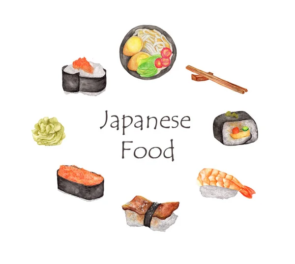 日本水彩画食品架 手绘日本菜的圆形框架 寿司卷 筷子和拉面 — 图库照片