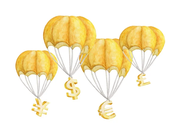 Moneda Símbolos Paracaídas Acuarela Dibujada Mano Ilustración — Foto de Stock