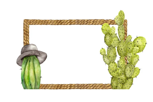 Pintura Acuarela Marco Cuerda Marrón Con Cactus Sobre Fondo Blanco — Foto de Stock