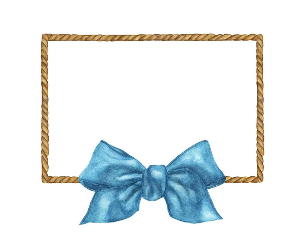 Watercolor Painting Brown Rope Frame Blue Bow White Background — Stock Photo, Image