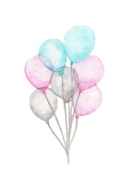 Aquarela Colorido Bunch Balloons Isolado Fundo Branco Saudação Arte Objeto — Fotografia de Stock