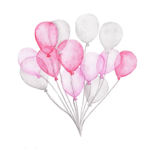 Akvarellszínű Lufik Kézzel Rajzolt Csomag Rózsaszín Lufi Elszigetelt Fehér Alapon — Stock Fotó