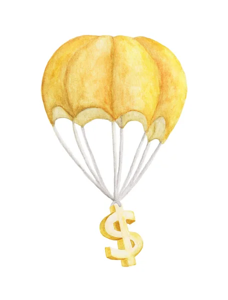 Golden Dollar Está Volando Paracaídas Acuarela Ilustración — Foto de Stock