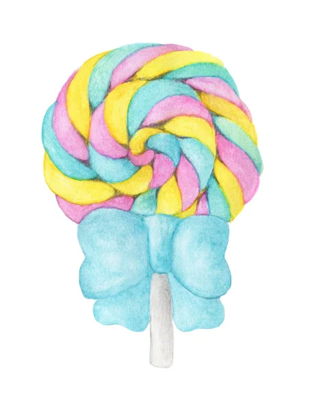 Zoete Lollipop Met Blauw Lint Geïsoleerd Witte Achtergrond Aquarelillustratie — Stockfoto