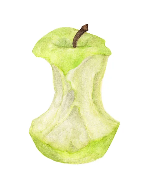 Bitten Green Apple Isolated White Background Watercolor Illustration — Stock Photo, Image