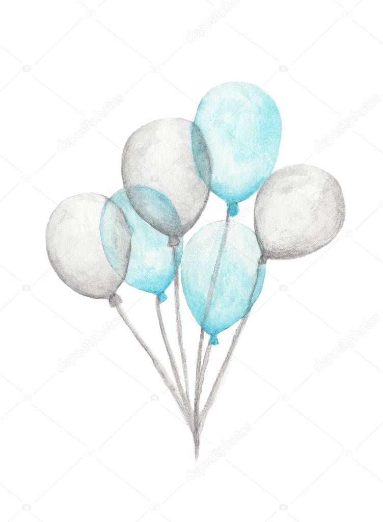 Watercolor air balloons. Hand drawn pack of party blue and white balloons isolated on white background. Greeting object art.