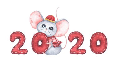Şirin fareyle mutlu Çin Yeni Yılı 2020. 2020 Çin burcu sembolü. Suluboya çizimi.