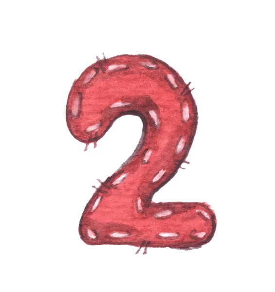 Hand painted watercolor number 2 two element isolated on white background in red color. — Stockfoto