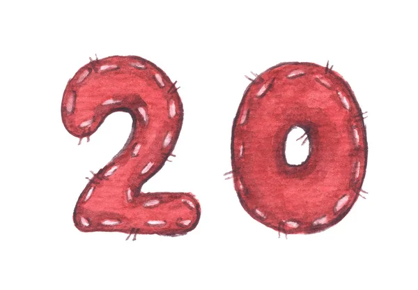 Hand painted watercolor number 20 element isolated on white background in red color. — Stockfoto