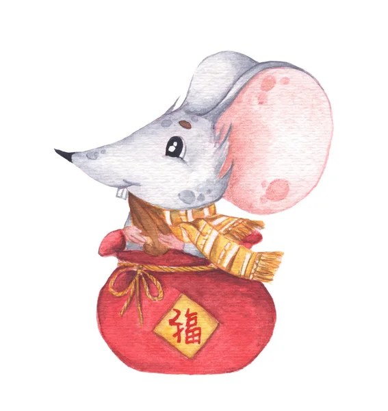 小老鼠坐在一个红色小袋子里，里面装着葵花籽，中国农历新年老鼠。 中文翻译《好运》。 水彩画. — 图库照片