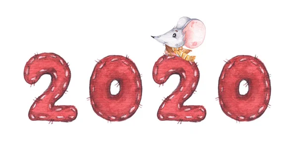 Feliz Año Nuevo Chino 2020 con ratoncito y semillas de girasol. Ilustración en acuarela . —  Fotos de Stock
