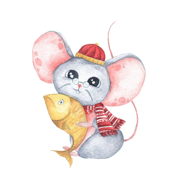 Piccolo topo che tiene un pesce, Capodanno Cinese del Ratto. Illustrazione ad acquerello . — Foto Stock