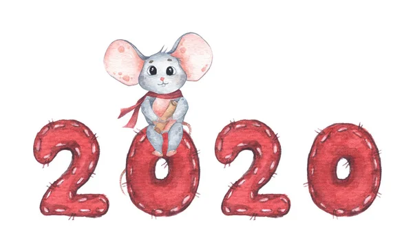 Ratoncito sentado en el número 2020. Feliz Año Nuevo. Símbolo del zodiaco chino de 2020. Ilustración en acuarela . —  Fotos de Stock