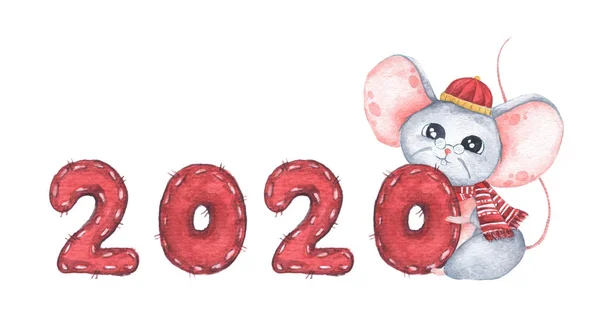 Feliz año nuevo chino 2020 con el ratón lindo. Símbolo del zodiaco chino de 2020. Ilustración en acuarela . —  Fotos de Stock