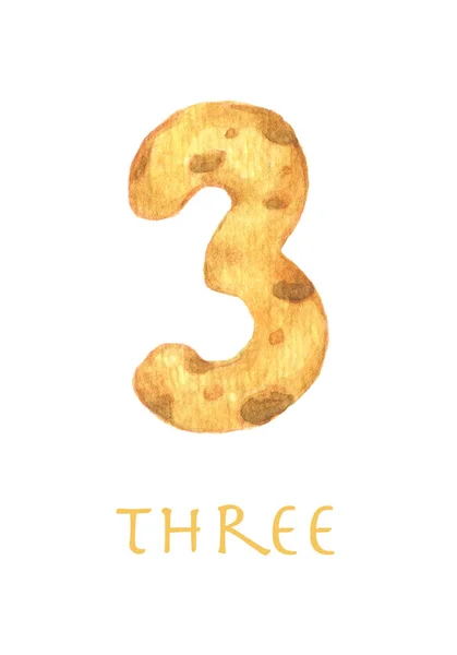 Cheese font 3 number. Watercolor illustration. — Stock Photo, Image