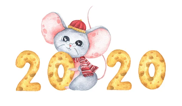 Feliz Año Nuevo 2020. Año de la Rata. Símbolo del zodiaco chino de 2020. Ilustración en acuarela . —  Fotos de Stock