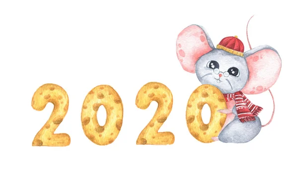 Feliz Año Nuevo 2020. Año de la Rata. Símbolo del zodiaco chino de 2020. Ilustración en acuarela . —  Fotos de Stock