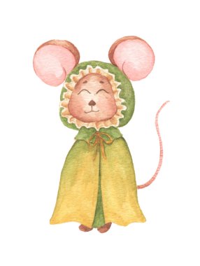 Kapüşonlu yeşil pelerinli küçük fare. Suluboya çizimi.