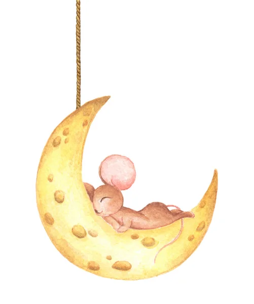 Jolie souris dormant sur la lune de fromage suspendue à une ficelle peinte à l'aquarelle . — Photo