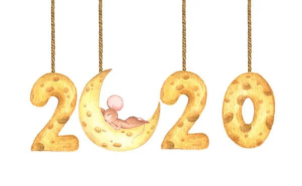 Feliz Año Nuevo 2020. Lindo ratón durmiendo en la luna de queso y el calendario de queso colgando de una cuerda pintada en acuarela . —  Fotos de Stock