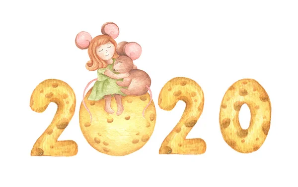 Feliz Año Nuevo. Linda chica ratón abrazo un ratoncito sentado en la luna de queso y el calendario de queso. Ilustración en acuarela . —  Fotos de Stock