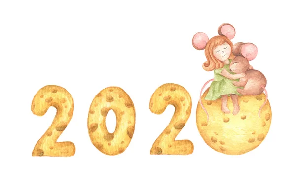 Feliz Año Nuevo. Linda chica ratón abrazo un ratoncito sentado en la luna de queso y el calendario de queso. Ilustración en acuarela . —  Fotos de Stock