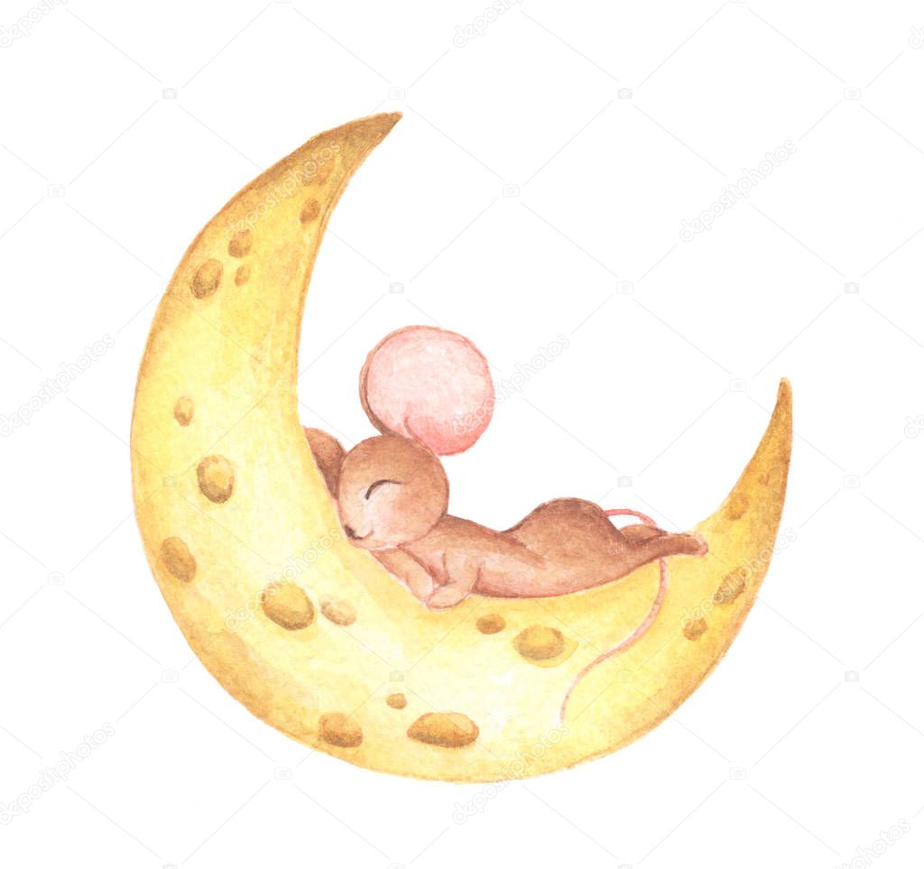 Cute mouse sleeping on the cheese moon. Watercolor.