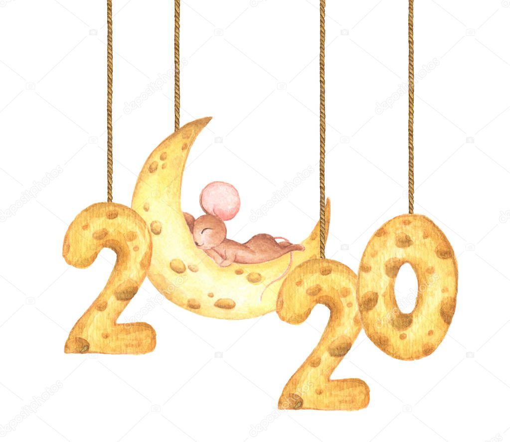 Happy New Year 2020. Cute mouse sleeping on the cheese moon and cheese calendar hanging from string painted in watercolor.