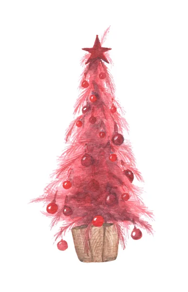 Kerstboom met kerstballen en ster in bruine pot. Aquarelillustratie. — Stockfoto