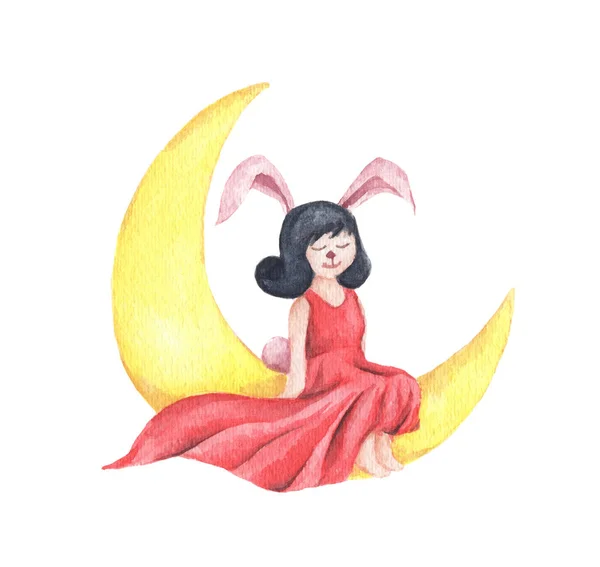 Menina bonito coelho sentado na lua crescente. Ilustração aquarela . — Fotografia de Stock